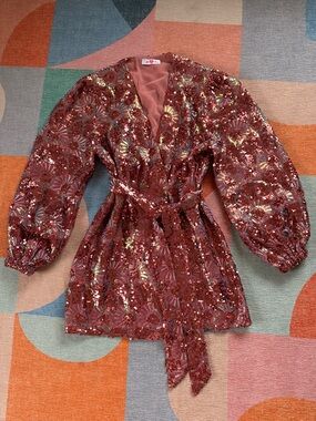Buddy Love Pink Sequin Long Sleeve Wrap Mini Dress